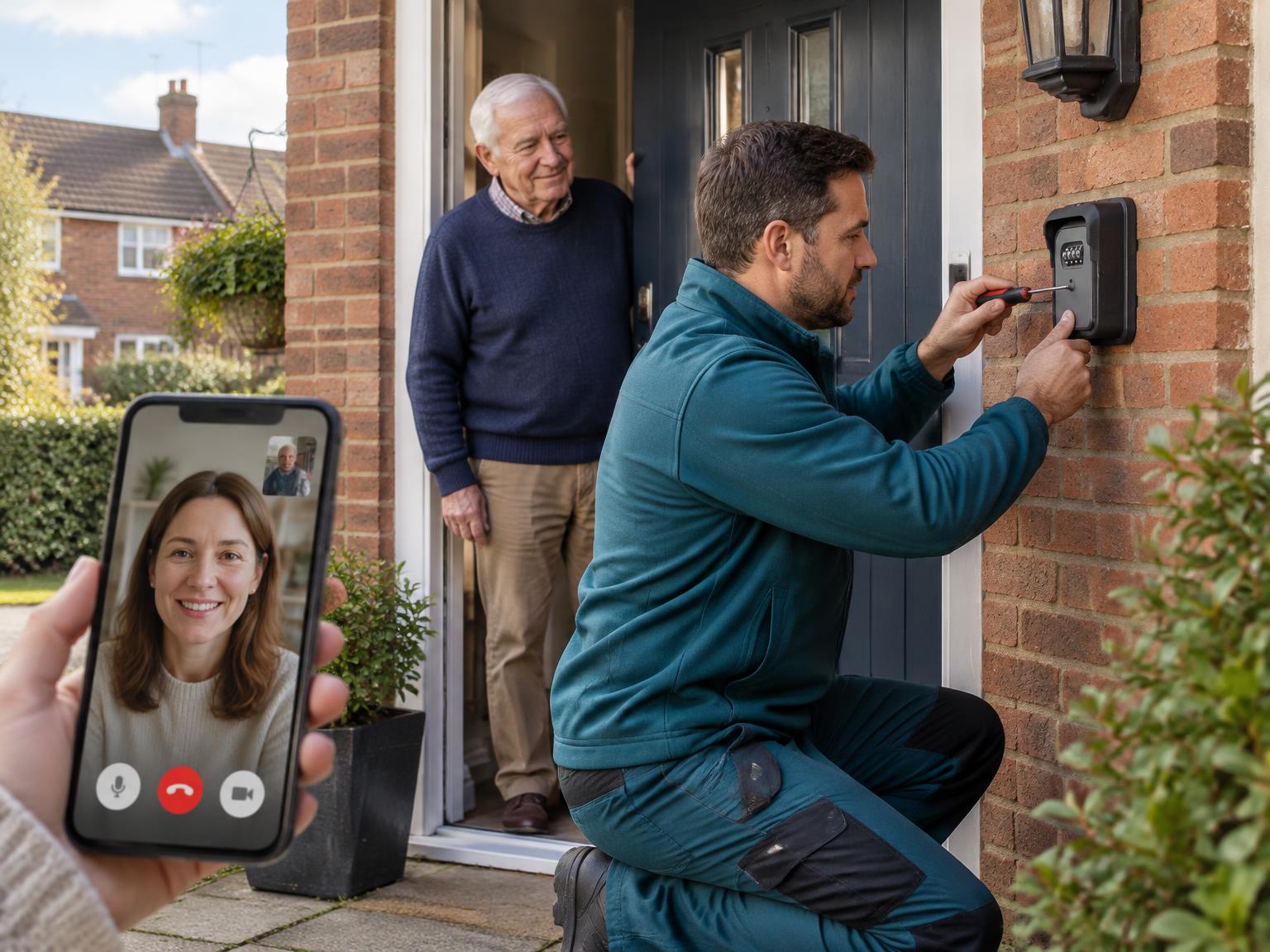 An installer installing a secure key safe while a daughter joins her father by video call