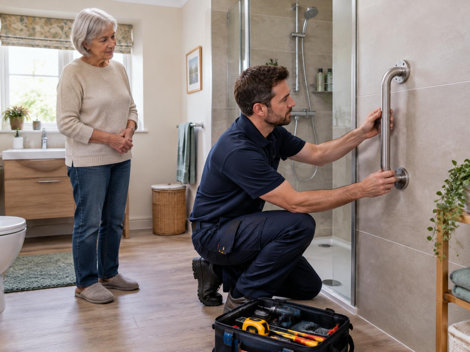 A professional installer checking a newly fitted bathroom grab rail while an older homeowner watches