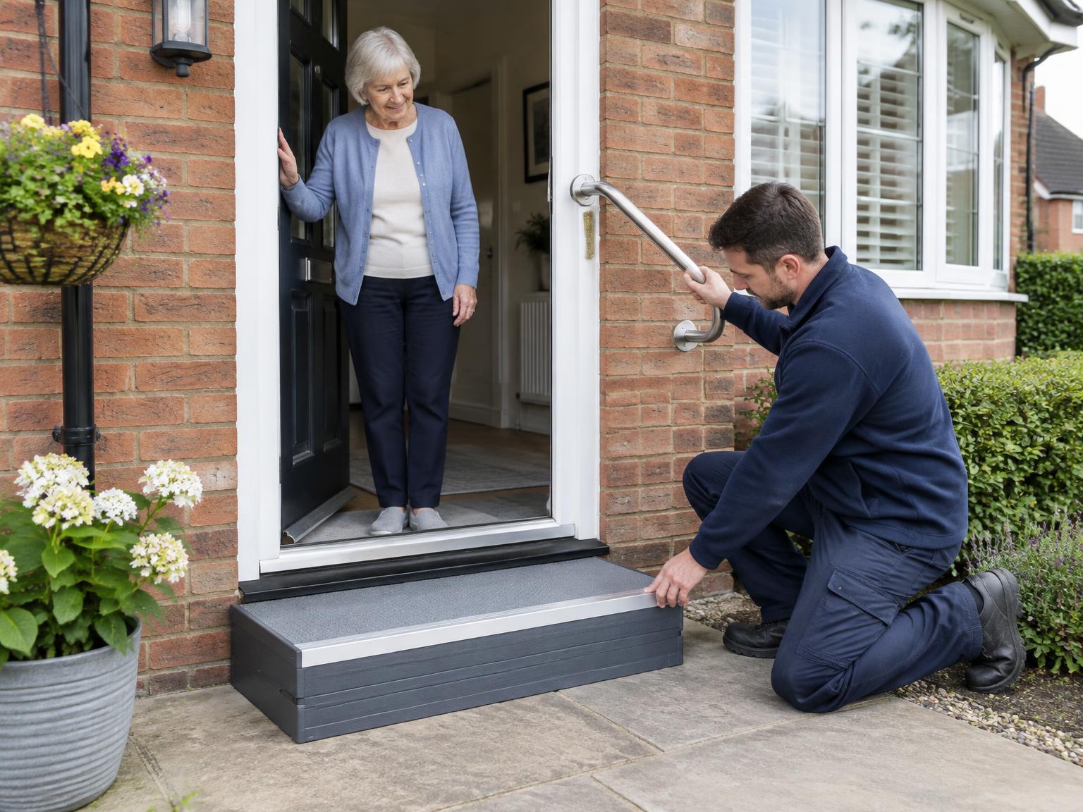 An installer checking a modular half step and porch grab rail at an older homeowner's front door